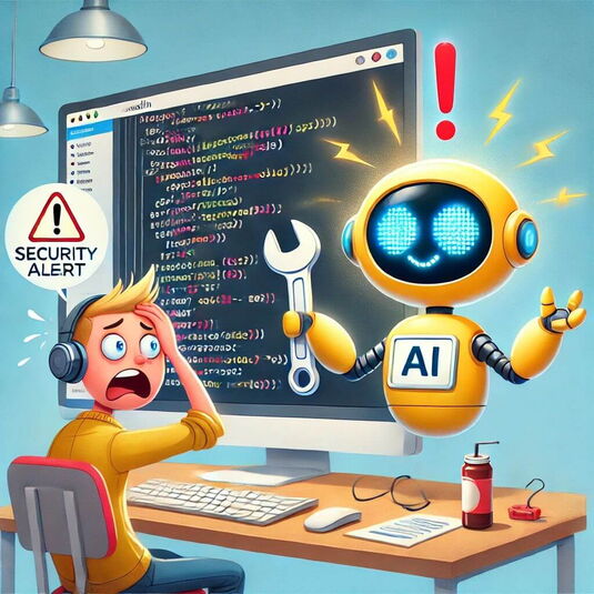 Un développeur surpris regarde son écran d’ordinateur affichant une alerte rouge de sécurité, tandis qu’un assistant IA caricatural, représenté comme un robot lumineux et amical, tient une clé et modifie le code. Une illustration humoristique soulignant l